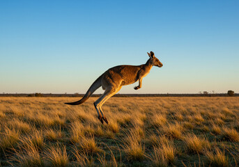 A kangaroo leaps across a golden field in the Australian outback during sunset, showcasing its agility.