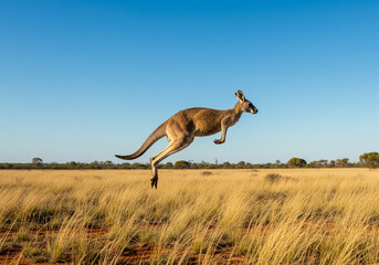 A majestic kangaroo leaps gracefully across the golden savanna landscape under a bright blue sky.
