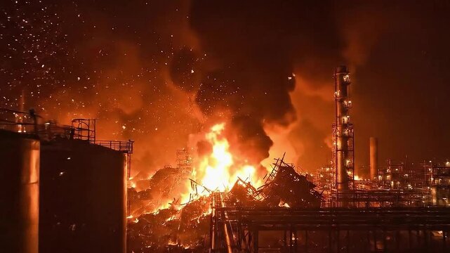 Intense industrial fire: flames and smoke engulf a factory facility at night.