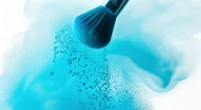 A makeup brush with blue powder explosion against a white background in a studio shot style
