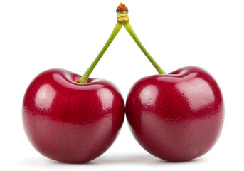 A close-up shot of two bright red cherries on a white background.