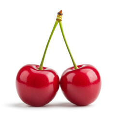 Two bright red cherries with green stems are in perfect focus against a white backdrop.