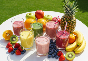 Various fruit smoothies are arranged with fruits on a white table.