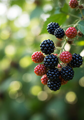 A close-up shot showcasing the beauty of ripe and unripe blackberries on a branch, a delicious sight.