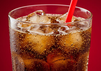 A refreshing glass of cola with ice and a red straw, perfect for a hot day.