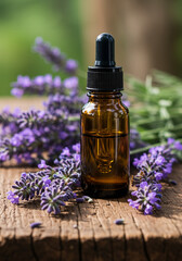 Lavender essential oil bottle with purple lavender flowers on a wooden surface.