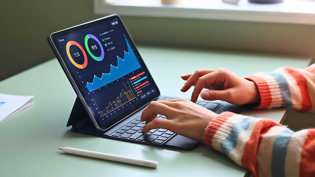 Business professional analyzing financial data and performance metrics on a modern tablet dashboard.