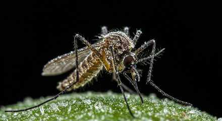 Fototapeta premium Detailed macro photograph of a mosquito covered in water droplets on a leaf, set against a dark background.