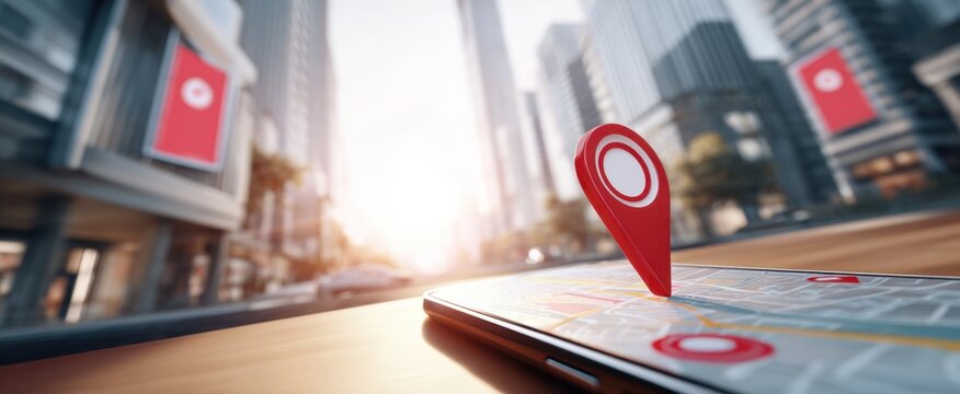 A vibrant red location pin stands prominently on a mobile device displaying a map, set against a blurred cityscape backdrop, symbolizing navigation and urban exploration.