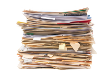 A tall stack of old documents and papers with folders and labels isolated on transparent background