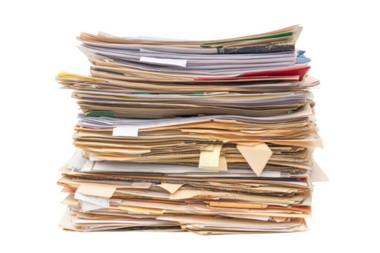A tall stack of old documents and papers with folders and labels isolated on transparent background - Powered by Adobe