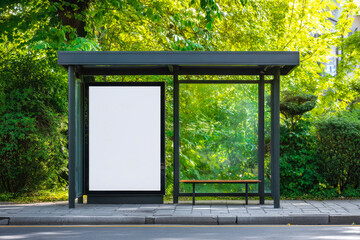 Modern bus shelter with a blank advertisement panel in a lush green urban setting