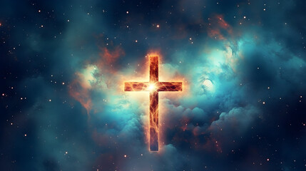 Fototapeta premium A glowing cross with a fiery orange and blue aura, set against a starry, ethereal sky with a few scattered clouds.