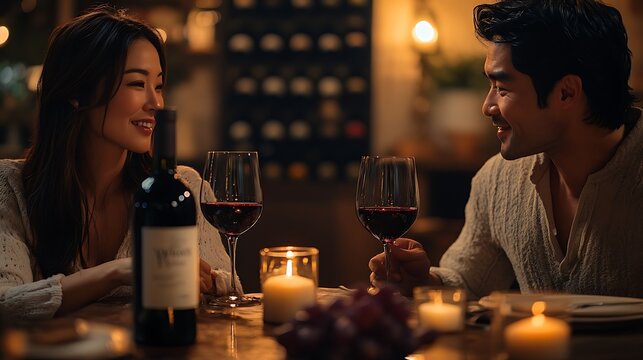 Smiling asian couple toasting red wine at cozy dinner. Elegant ambiance with warm candlelight and wine rack background. Romantic evening. National Drink Wine Day scene - Powered by Adobe