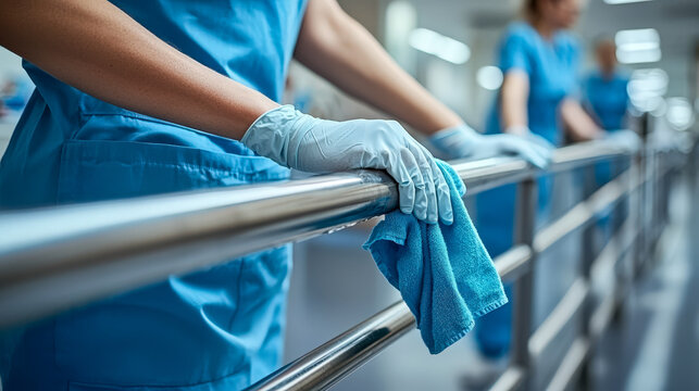 Healthcare workers disinfecting handrails in a hospital corridor