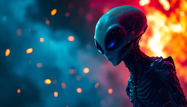 Enigmatic alien figure with glowing blue eyes contemplates a fiery, smoky background