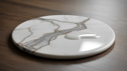 Elegant marble coaster with water droplet on a wooden surface capturing a moment of purity and design showcasing material contrasts