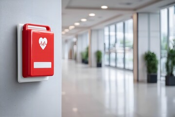 Defibrillator mounted on wall ensures heart health safety in modern hospital corridor, a life saving device