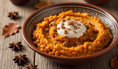  Rote-Linsen-Kürbis-Bowl mit Zimt-Crunch und veganem Joghurt