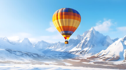 Fototapeta premium A colorful hot air balloon floating high above a snow-covered mountain range.