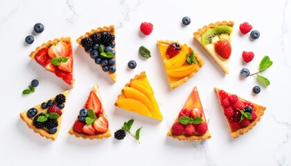 Colorful fruit tarts assortment on white marble background.