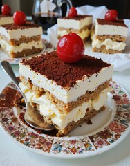 A delectable slice of tiramisu cake sits on a floralpatterned plate, topped with a cherry and dusted with cocoa powder 