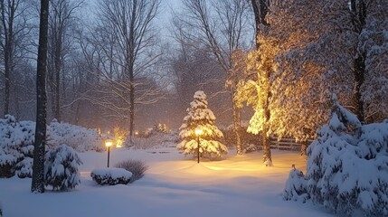 Snowy Winter Scene with Illuminated Trees