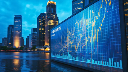 Digital screen showing global financial market data and stock charts with a modern city skyline in the background at dusk.