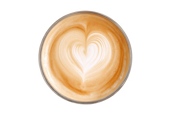 Top view of latte coffee with heart latte art isolated on white transparent background