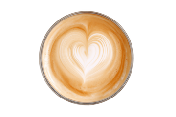 Top view of latte coffee with heart latte art isolated on white transparent background
