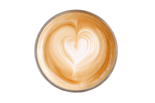Top view of latte coffee with heart latte art isolated on white transparent background