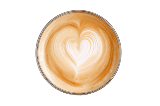 Top view of latte coffee with heart latte art isolated on white transparent background - Powered by Adobe