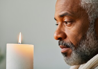 Thoughtful senior Black man gazing at burning candle in peaceful moment of reflection