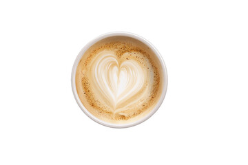 Top view of coffee cup with heart latte art, isolated on white transparent background