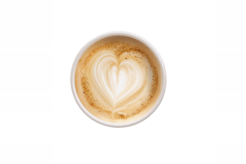 Top view of coffee cup with heart latte art, isolated on white transparent background