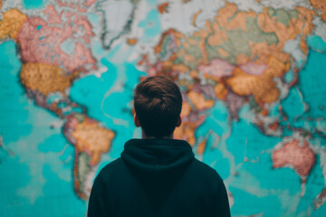 Obraz premium Travel long flights concept, Standing facing world map contemplating future long travel trips while planning exciting flights and dreaming of next