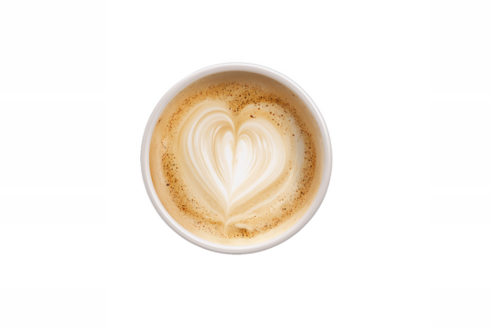 Top view of coffee cup with heart latte art, isolated on white transparent background