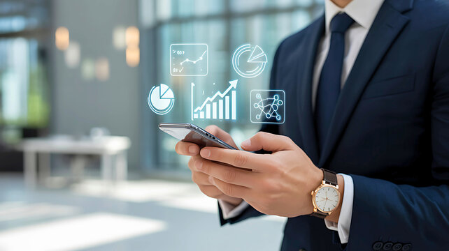 Businessman using a smartphone with a holographic interface for financial data analysis, business intelligence, and market growth.
