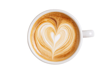 Heart latte art in white coffee cup, isolated on white transparent background