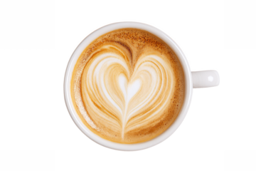 Heart latte art in white coffee cup, isolated on white transparent background