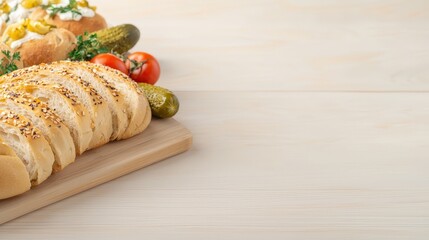 Fresh sliced bread with sesame seeds sits beside pickled cucumbers, ripe tomatoes, and bread bowls on a light wooden cutting board ready to be enjoyed.