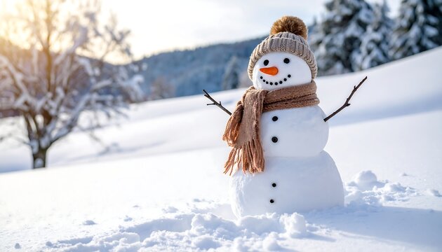 Cheerful snowman with carrot nose and cozy scarf stands in snowy winter landscape