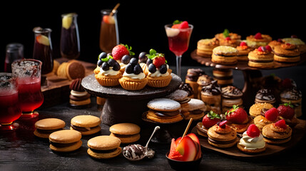 Fototapeta premium A colorful assortment of desserts and beverages on a dark wooden table.