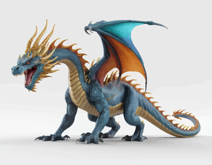 Obraz premium The dragon is depicted in a powerful, four-legged stance, looking to the left with its mouth open in a roar or a snarl, revealing a row of sharp teeth. Its body is a beautiful, textured blue-gray with