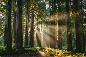 Obraz premium Sun rays shining through the trees in a beautiful redwood forest
