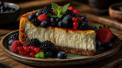 Cheesecake slice on rustic ceramic plate, styled with berries and mint leaves