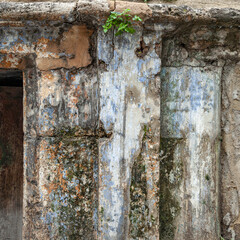 Detalle del deterioro de la estructura de un edificio abandonado.