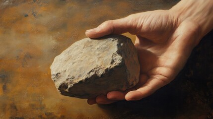 Hand Holding Stone in Oil Painting Style