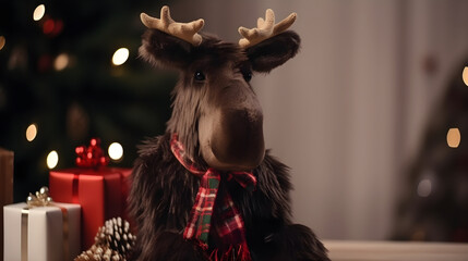 A plush moose toy with a red and green scarf, sitting on a table with a blurred Christmas tree in the background.