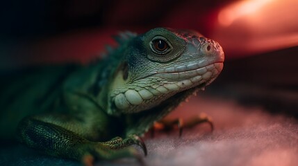 Obraz premium Vibrant close up of an exotic green reptile under heat lamp